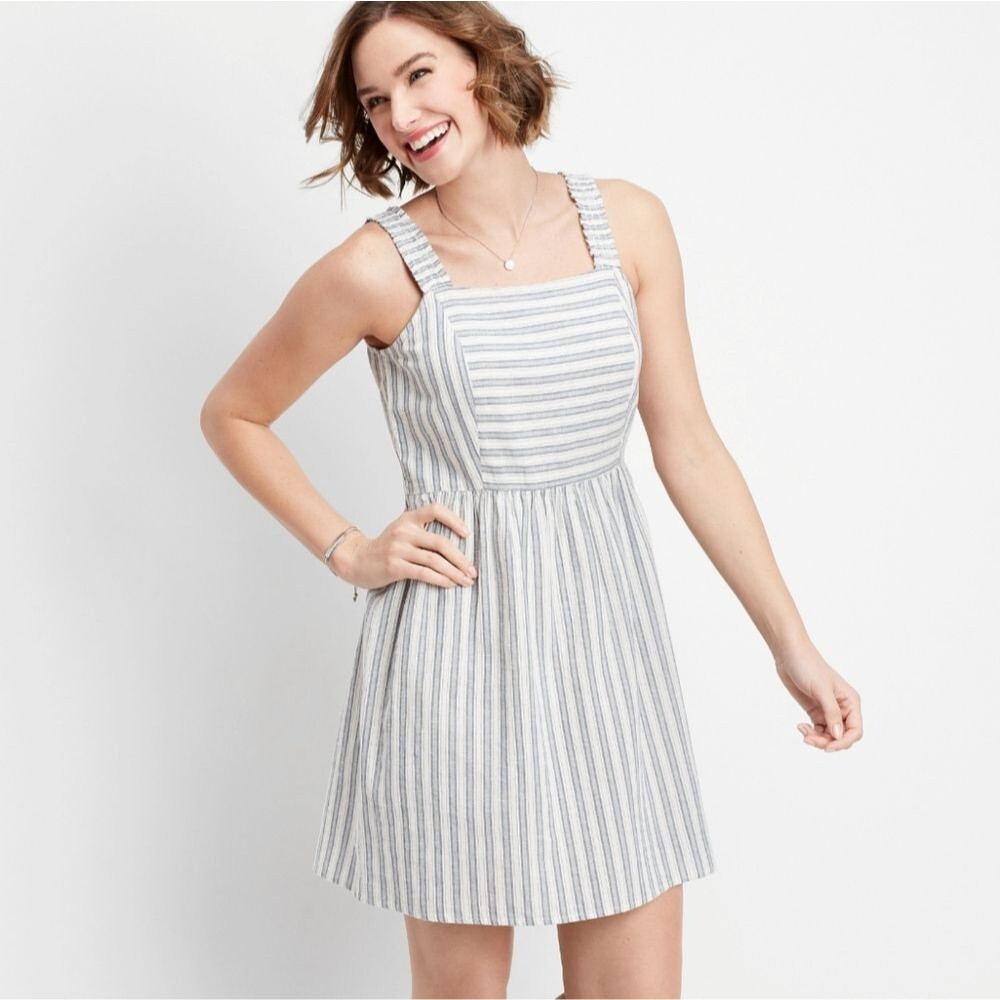 Maurices White & Gray Striped Cinched Strap Dress, Size Large